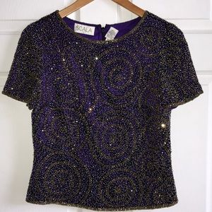 SCALA Silk beaded Top /‎ purple & gold / SZ S
